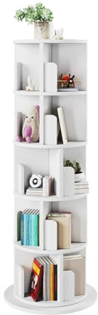 oneinmil Drehbares Bücherregal mit 5 Ebenen 360° Frei,Drehregal Büroregal,für Wohnzimmer, Arbeitszimmer, Büro, als Raumteiler 50 x 50 x 158 cm,Weiß