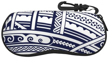 Cykazhst Brillenetui mit polynesischem Maori-Stammesmuster, tragbar, Neopren, Reißverschluss, Sonnenbrillenetui für Reisen, mit Haken, für Männer und Frauen, Blau, Schwarz , One size