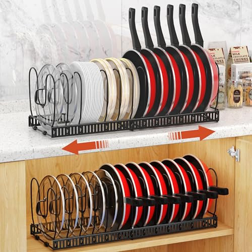 Housolution 2 Pièces Rangement Poele et Casserole, Range Couvercle avec 14 Compartiments Réglables, Porte Casseroles Rangement Couvercle Casserole pour Tiroir Cuisine, Noir