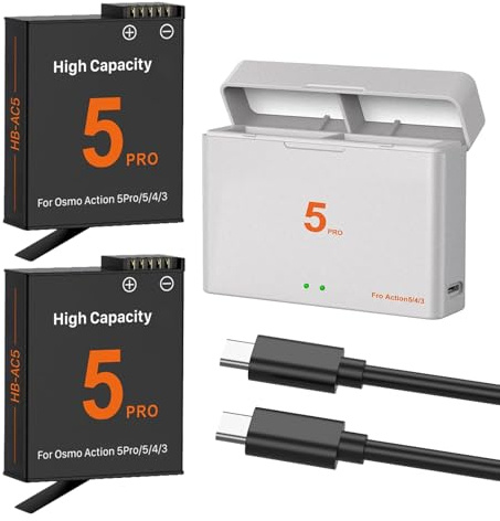 2 Stück OSMO Action 5 Pro/4/3 Akku+ Ladegerät Kit 2 Pack 2100mAh Ersatzakkus Typ C USB Doppelt Kanäle LED Ladegerät für OSMO Action 5 Pro/OSMO Action 4/OSMO Action 3 Kamera
