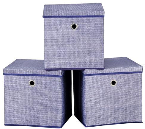 A406 Foldable Storage Cube Boxes Set of 3 Fabric Storage Boxes with Lids, Space Saving Fabric Cube Storage Boxes for Clothes, Toys, Storage Organiser (Blue, 32x32x32cm)