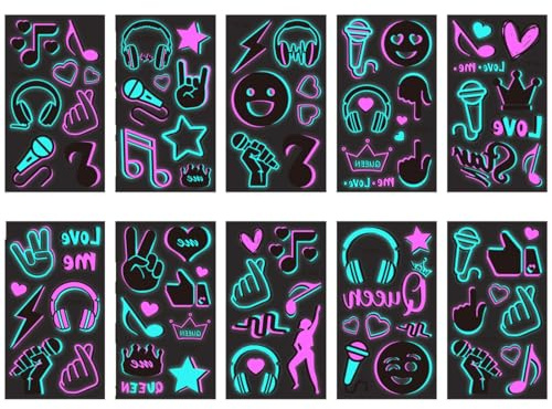 TEOZBLU 10 Feuilles Néon Tatouages Temporaires, Glow UV Neon Tattoo, Faux Tatouages Fluorescents de Visage Corps, Tatouages Néon Imperméables, Bar Party-A