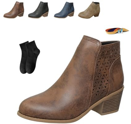 Botines ortopédicos gruesos de cuero para mujer, tacón medio, sin cordones, para otoño e invierno, tacón bajo, punta puntiaguda, soporte de arco, botines cortos con cremallera lateral, botas ligeras