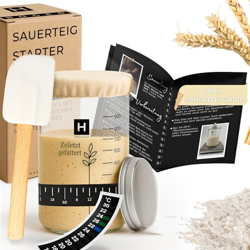 HAVENHAUS Sauerteig Starter Set | Sauerteig Glas mit sinnvollem Zubehör | Sauerteig Set für die erfolgreiche Anzucht Deines Sauerteiges | Sauerteig Starter Glas, Sauerteig Zubehör | Gärglas Sauerteig
