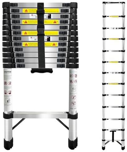 Telescopic Ladder,3.8M Stainless Steel Loft Ladder, Extension Ladder Portable Extendable Multi-Purpose Step Ladder with Non-Slip Feet Safety Lock, Max Load 150kg/330lb for Roof Ladder ladders for home