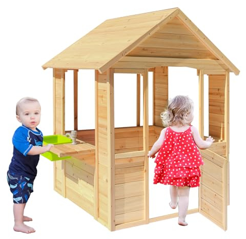 Spielhaus für Kinder im Freien, Spielhaus aus Holz im Landhausstil mit Waschbecken, Fenstern, Arbeitstür, Kochgeschirrtöpfen, Cottage-Spielhaus für den Außenbereich, Hinterhof, Terrasse (Natural)
