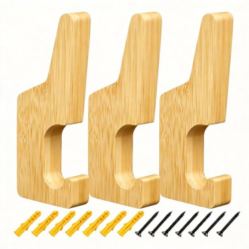 WJUAN Pack of 3 Wooden Coat Hooks, Wood Material Coat Hooks, Wall Double Hook Design, Space-Saving Wall Hooks, Modern, with 7 Screws and 7 Dowels, Wooden Hooks for Clothes, Hats and Scarves