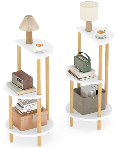 COSTWAY Beistelltisch 2er Set, 3-stöckiger runder Tisch mit Ablageflächen aus Bambus, kompakter Sofatisch, Countisch, Nachttisch klein für Wohnzimmer und Schlafzimmer