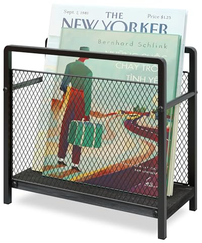 PAPAGIFTREE Freestanding Magazine Rack with Handle, Magazine File Holder Storage Metal Mesh with Wood Base, 29.5×11.5×26.9cm Mini Bookshelf for Newspapers, Books, Folders, Mails, Dark Black
