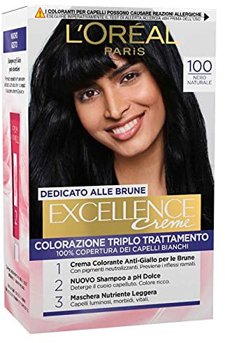 L'Oréal Paris Excellence Crema dedicada a las marrones Coloración permanente, excelente cobertura cabello blanco 100 Nero Naturale