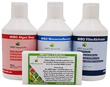 MIBO Spar Set Aquarium Pflege 3 x 500ml +Algenradierer Wasseraufbereiter Algenvernichter Filteraktivator