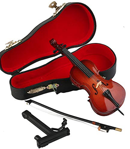 Seawoo Miniatur-Cello aus Holz mit Ständer, Bogen und Koffer, Mini-Musikinstrument, Miniatur-Puppenhaus-Modell 5.51x1.97x0.63 burgunderfarben