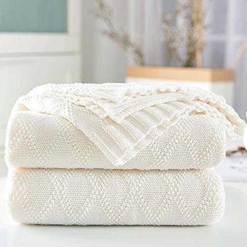 Shaddock Fishing Knitted Throw Blanket 100% Cotton Home Bed Blanket,51x70 Inch Soft Cozy Lightweight Cable Knit Blanket Suitable for Sofa Couch Bed Chair Car Office Travel (White, Diamond Pattern)