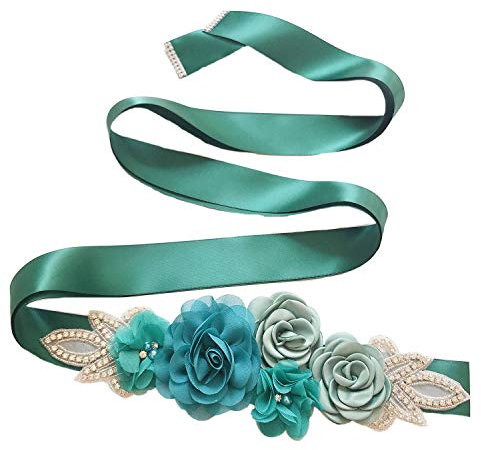 Lauthen.S Gürtel mit Blumen und Perlen Strass für Brautkleid / Babyparty, Blaugrün, One size