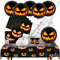 com-four® 26-teiliges Halloween Tischset - Deko-Set mit Spinnennetz, Spinnen, Bechern, Teller, Servietten und Tischtuch für Halloween und Mottoparty [Auswahl variiert] (026-teiliges Tischset Kürbis)