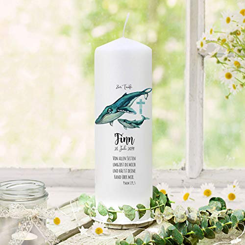 Taufkerze Kerze zur Taufe Wal Fisch mit Kind Kreuz Wunschname Spruch Datum individualisierbar wk150 - ausgewählte Größe: *1. Taufkerze*
