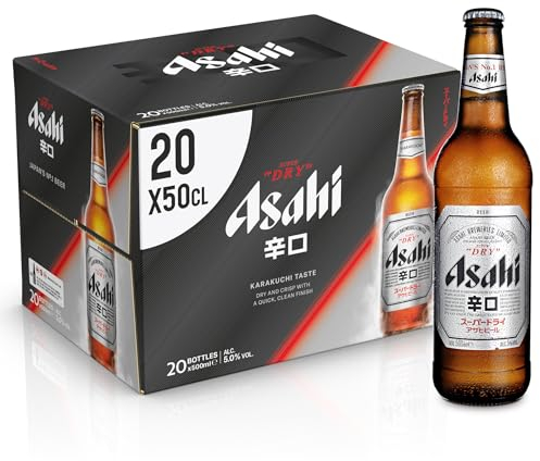 Asahi Super Dry Birra Premium Dry Lager, Cassa Birra con 20 Birre in Bottiglia da 50 cl, 10 L, Birra Giapponese dal Gusto Pulito, Secco e Rinfrescante, Gradazione Alcolica 5%