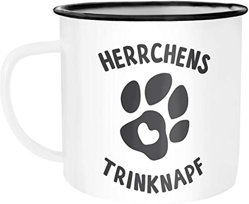 MoonWorks® Kaffee-Tasse Spruch Herrchens Trinknapf Hundepfote-Motiv Becher Bürotasse Tasse Hundeliebhaber 325 ml weiß-schwarz Emailletasse