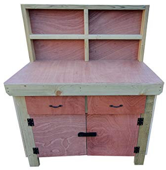 Arbor Garden Solutions Wooden workbench eucalyptus hardwood top with storage drawers and lockable cupboard and back panel (V.4) (4ft)