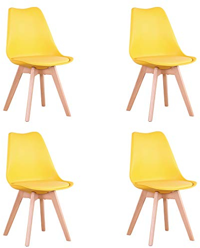 EGOONM 4er Set Stühle Esszimmerstühle mit Massivholz Buche Bein, Retro Design Gepolsterter Stuhl Küchenstuhl Holz (Gelb)