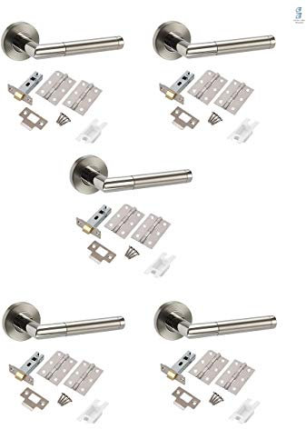 Jiyo.Outdoor Mitred Style Modern Door Handles Lever Latch On Round Rose in Satin Chrome & Polished Chrome Finish - 5 Sets