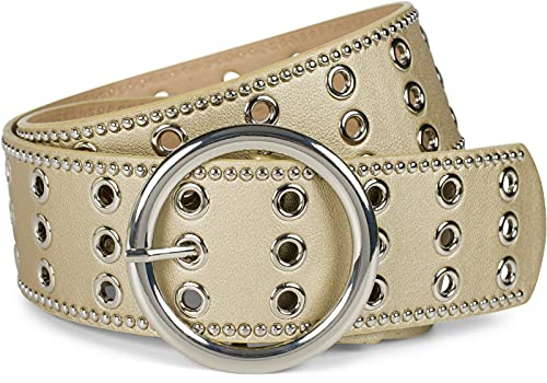 styleBREAKER Damen breiter Gürtel mit Lochnieten und runder Schließe, Nietengürtel, Taillengürtel, kürzbar 03010122, Farbe:Gold, Größe:90cm