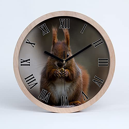 Tulup Holzuhr ⌀ 25cm Modern Runde Dekoration Uhr Holz Wanduhr Stille Uhren Schwarze Uhrzeiger - Eichhörnchen