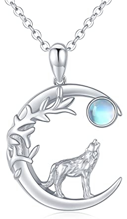 Wolf Kette 925 Sterling Silber Mond Halskette Mondstein Anhänger Wolf Halskette Schmuck Geschenke für Damen (Wolf Kette)