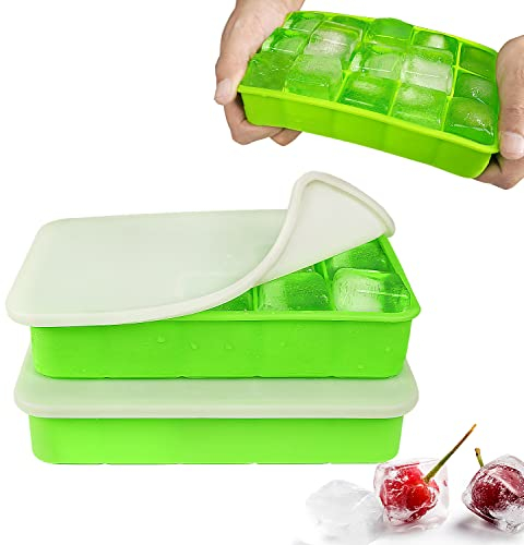 Eiswürfelform Silikon Eiswürfelbehälter mit Deckel 15-Fach 3cm Quadratische Eiswürfel Ice Cube Tray für Whisky, Cocktails Grün, 2 Stück