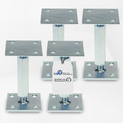 Pfostenträger höhenverstellbar (4 Stück) Boden/ Trägerplatte 100 x 100 x 5 mm Stützenfuß Stützfuß Bodenfuß Betonfuß mit Gewindemuffe verstellbar, Rechts-Linksgewinde