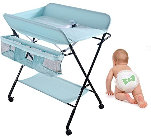Cambiador plegable con cinturón de seguridad y compartimentos de almacenamiento,Bañera Cambiador Plegable Antibacteriano (80 * 66 * 98cm-azul)