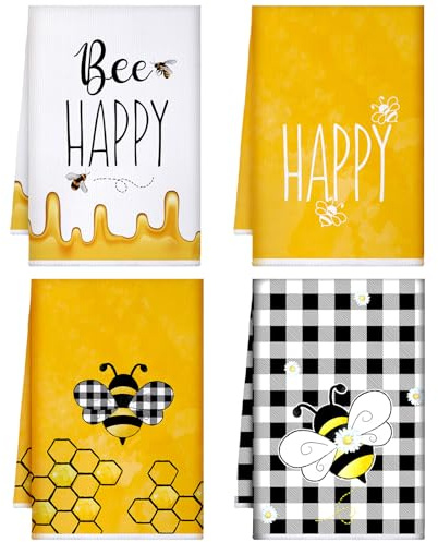 Geyoga Set di 6 asciugamani da cucina con girasole e piatto con api, asciugamano a quadri con gnomo, strofinacci per cucina primaverile, bagno, decorazione per la casa, 40 x 61 cm (nero, arancione,