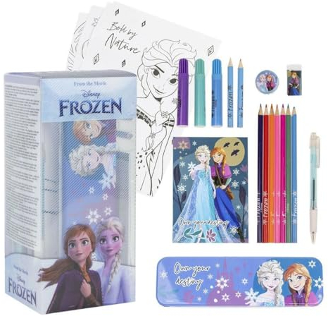 Set para Colorear de Frozen 24 Piezas - Incluye Rotuladores y Lapiceros de Colores, Estuche y Con Cuadernillo para Dibujar - Accesorios de Papelería