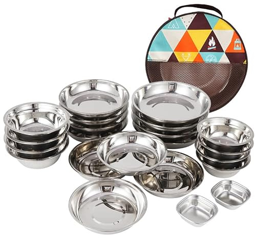 22PCS Service Plate Set with Travel Bag, Stainless Steel Plates and Bowls Camping Set for Outdoor Camping Hiking Picnic BBQ Beach