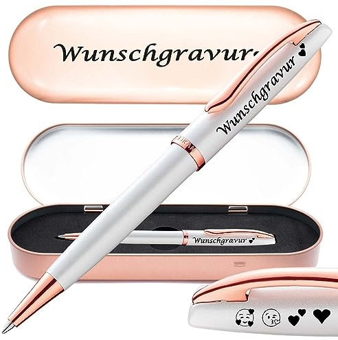 Juwelier Schönschmied PeIikan Kuegleschreiber Jazz Noble Elegance Perlmutt Weiß mit Gravur | inkl. Etui mit Wunschgravur (Platz für 10 Stifte) | Emoji Gravur