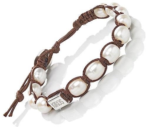 KIROS Bracciale Tibetano Buddista Shamballa Tamashi Unisex Uomo Donna realizzato con Pietre Naturali 8 mm, Filo Cerato Marrone, Artigianale Fatto a Mano regolabile 3 Misure. (Perla di Fiume)