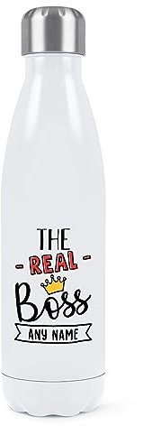 Personalised The Real Boss Double Wall Water Bottle Insulated Stainless Steel Sports Drinks 500ml White