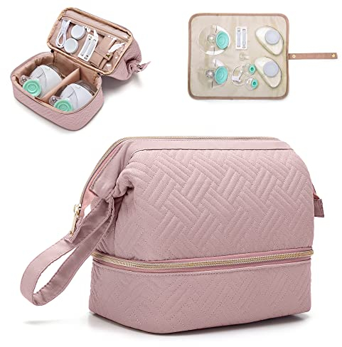 Fasrom Wearable Breast Pump Bag Compatible with Elvie Pumps and Medela Pump in Style, Double Layer Carrying Case with Waterproof Mat and Insulated Pockets for Work Moms, Pink (Patent Design)
