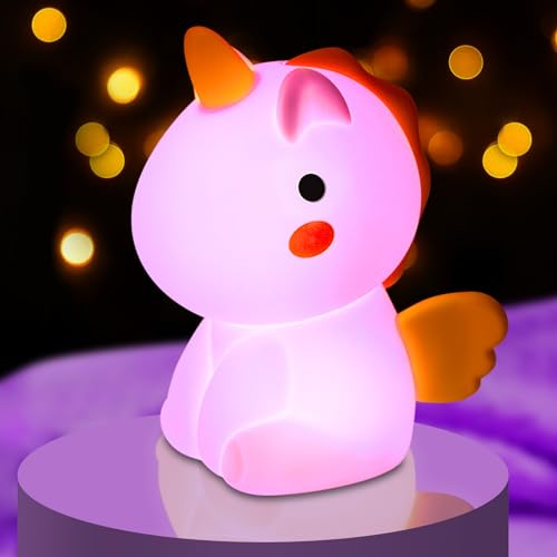Nachtlicht Kinder Unicorn Stilllicht Baby Berühren Nachttischlampe Dimmbar Licht mit 7-Farben-Licht,Touch&Switch-Steuerung, Nachtlampe USB Aufladbare, Anti-Glare Einhorn Nachtlicht für Kinderzimmer