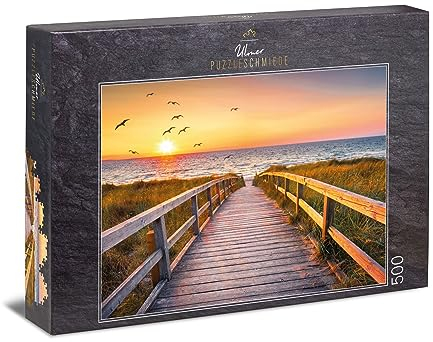 Ulmer Puzzleschmiede - Puzzle Abendstunde auf Sylt - klassisches 500 Teile Puzzle - Nordsee-Motiv mit Sonnenuntergang über den Dünen am Strand von Sylt, Deutschland