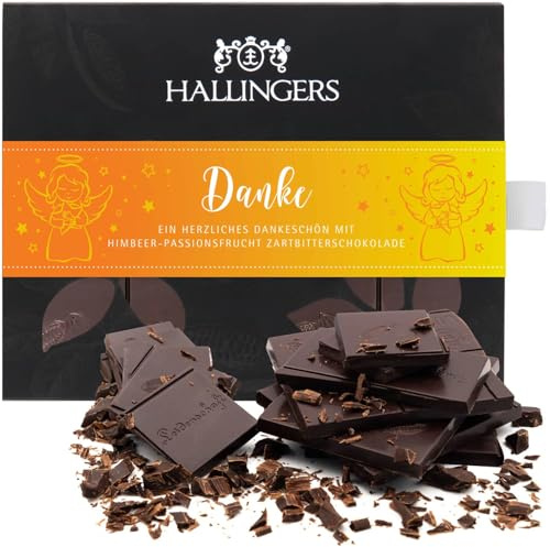 Hallingers Genuss Manufaktur Vegane Schokolade Weihnachts-Geschenk - Tafel aus handgeschöpftem Edelkakao ohne Alkohol edler Karton Danke Himbeer-Maracuja, Weihnachten für Frauen Männer