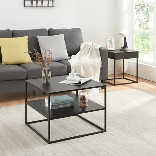 [en.casa] Couchtisch Solund Beistelltisch mit Ablage Metall Schwarz matt Wohnzimmertisch mit Stauraum 60 x 60 x 45 cm Sofatisch rechteckig Kaffeetisch