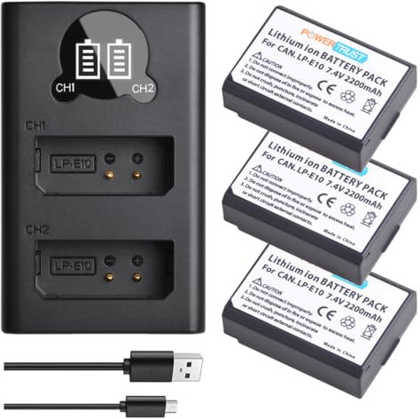 PowerTrust 3Pcs LP-E10 Battery with Charger for Canon EOS 1300D, 2000D, 1100D, 1200D, 4000D, 3000D,Rebel T3 T5 T6 T7 T100, Kiss X50 X70 X80 X90