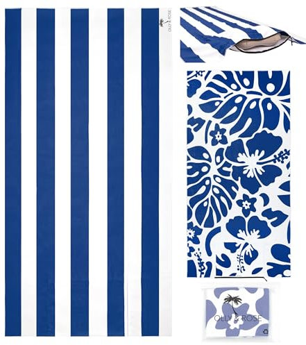 Olly & Rose Luxuriöses Mikrofaser Strandtuch mit Reißverschlusstasche und aufblasbarem Kissen und wendbarem Muster, 100 x 200 cm, 300 g/m², luxuriöses Mikrofaser-Reisehandtuch