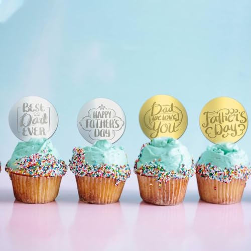 iwiio 12Pcs Fathers Day Cake Toppers, Fathers Day Decorations, 2 Inch Circle Acrylic Disc, Best Dad Ever Gold Fathers Day Cupcake Toppers for Birthday Party Cake Supplies
