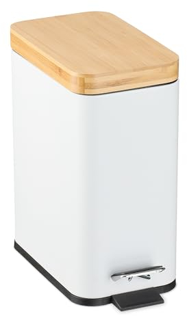 Relaxdays Mülleimer Bad, 5 Liter, entnehmbarer Inneneimer, Kosmetikeimer, Metall, Badmülleimer mit Bambusdeckel, weiß