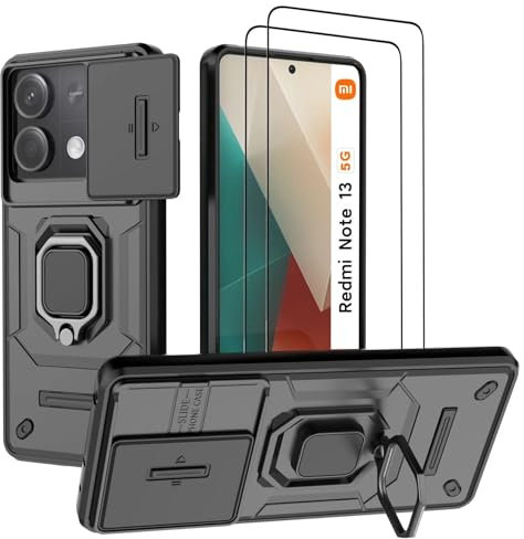 DERHAN Hülle für Xiaomi Redmi Note 13 5G (Nicht für 4G), Panzerhülle mit Schutzfilm [2 Stück] + Slide Camera [Kameraschutz], Schutzhülle Stoßfest Handyhülle mit Ring Ständer - Schwarz