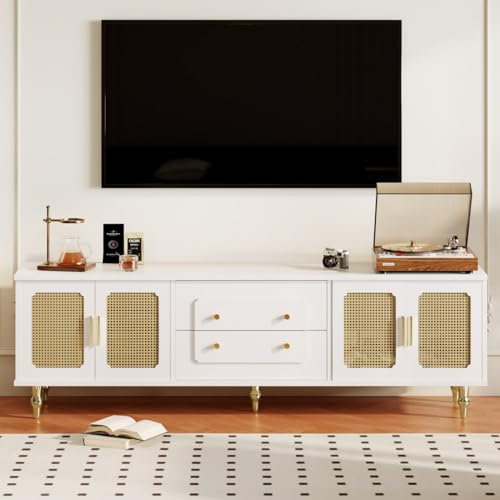 KOMHTOM Meuble TV Bas en rotin Blanc, Table Television Salon avec Rangement Meuble Tele avec 4 Portes et 2 tiroirs (Blanc)