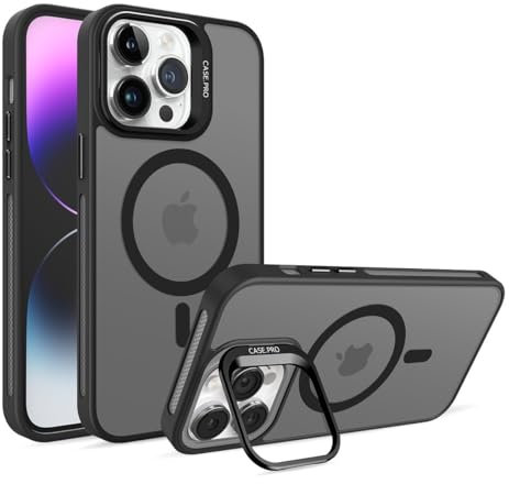 VEN-DENS Case for iPhones, Compatible with MagSafe, Built-in Camera Stand, Military Grade Shockproof Protection, Anti-Fingerprint Translucent Cover (Black, iPhone 15 Pro)