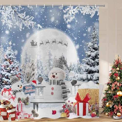 ASDCXZ Weihnachten Duschvorhang 180x200 cm, Niedlich Schneemann Weihnachtsbaum Geschenk Weihnachtlich Waschbar Bad Duschvorhänge Polyester Textil Wasserdicht Duschvorhang für Badewanne mit 12 Haken